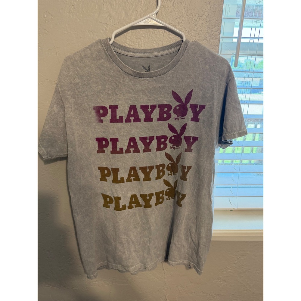 Playboy Acid Wash Graphic T-Shirt Grey Stacked Bunny Logo Streetwear Tee